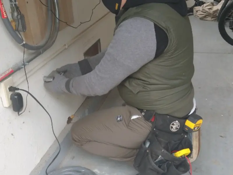 Electrician performing outlet wiring in a Great Falls garage